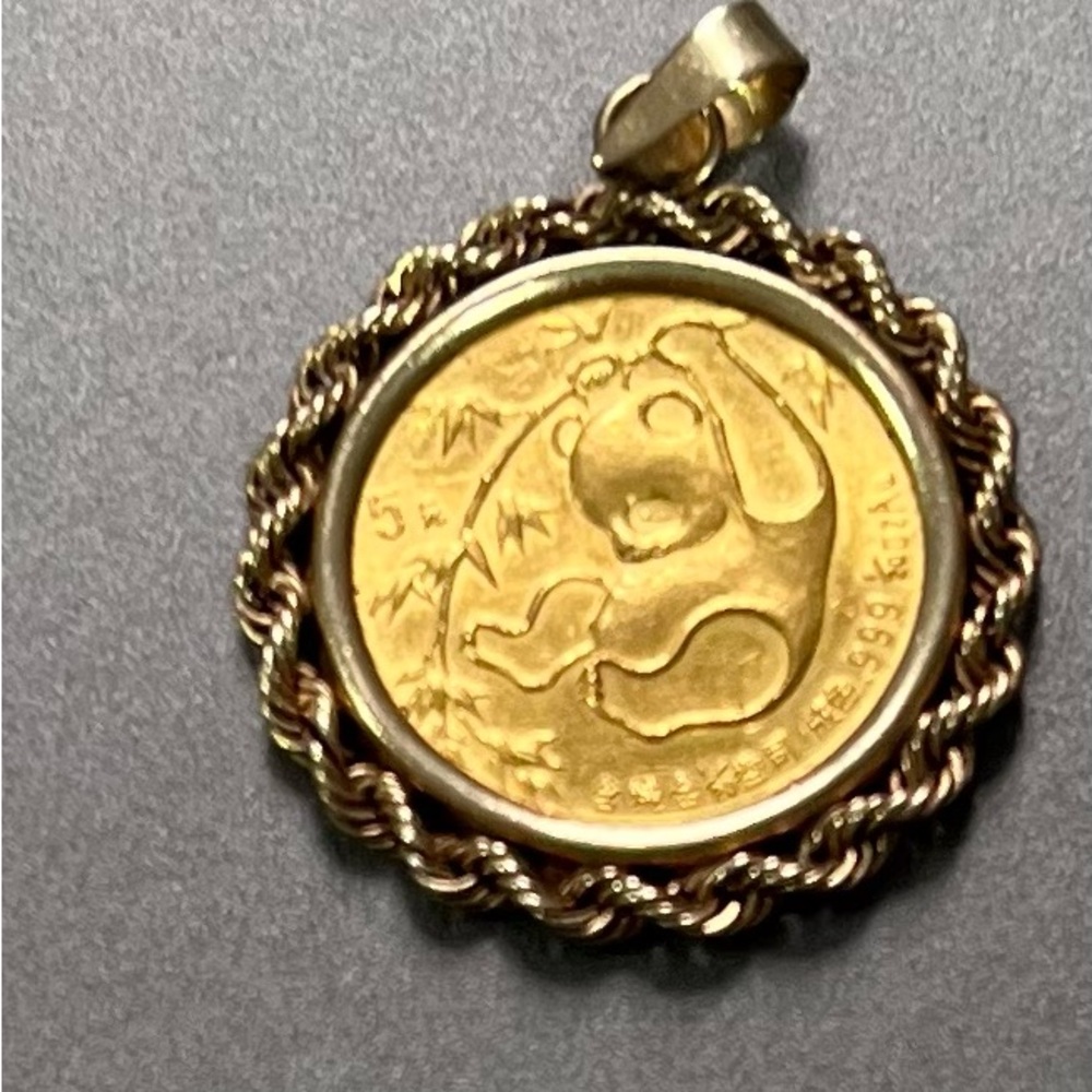 Gold Panda Coin Pendant Necklace 1985 .999 1/20 oz Au 14k bezel Rope Chain